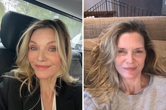 Mujer famosa con y sin maquillaje sonriendo en dos fotos comparativas, mostrando su aspecto natural y sin retoques.