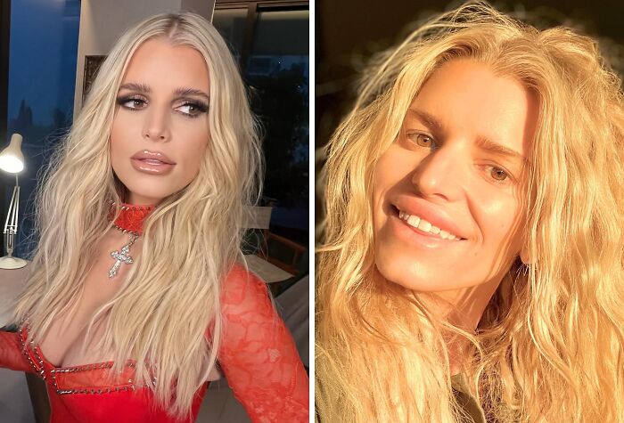 Celebridad rubia con maquillaje en foto izquierda y sin maquillaje con luz natural en foto derecha, mostrando aspecto natural sin maquillaje.