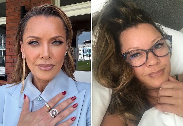 Mujer famosa mostrando su rostro con y sin maquillaje, resaltando el contraste en su apariencia natural y con estilo.