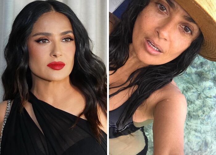 Salma Hayek en foto con maquillaje elegante y otra foto sin maquillaje mostrando aspecto natural de celebridad.
