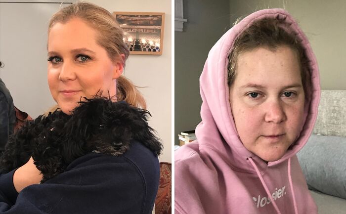 Actriz mostrando su rostro sin maquillaje en comparación con su imagen con maquillaje, revelando un aspecto natural sorprendente.