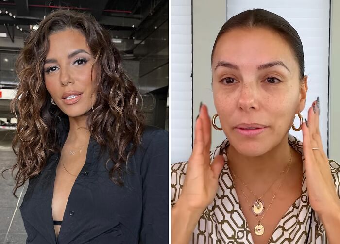 Imagen comparativa de celebridad con y sin maquillaje mostrando fotos sin maquillaje y su aspecto sorprendente en ambos casos.