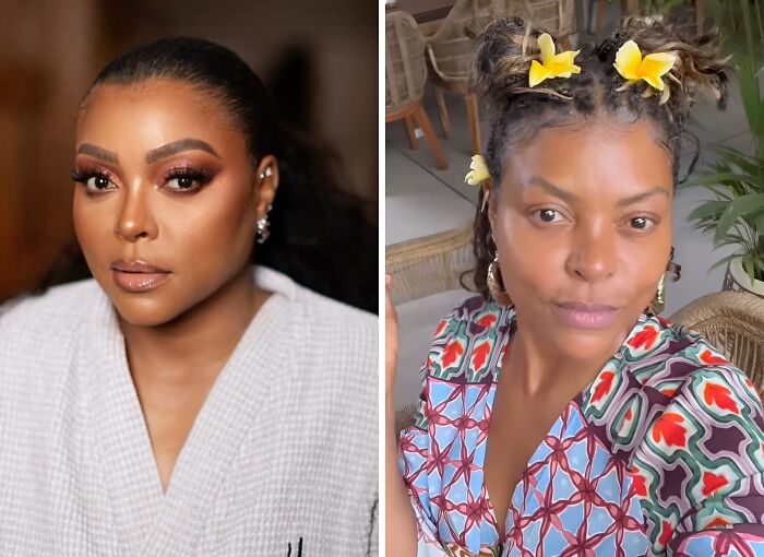 Comparación de celebridad con maquillaje glamuroso y sin maquillaje natural mostrando el aspecto sin maquillaje.