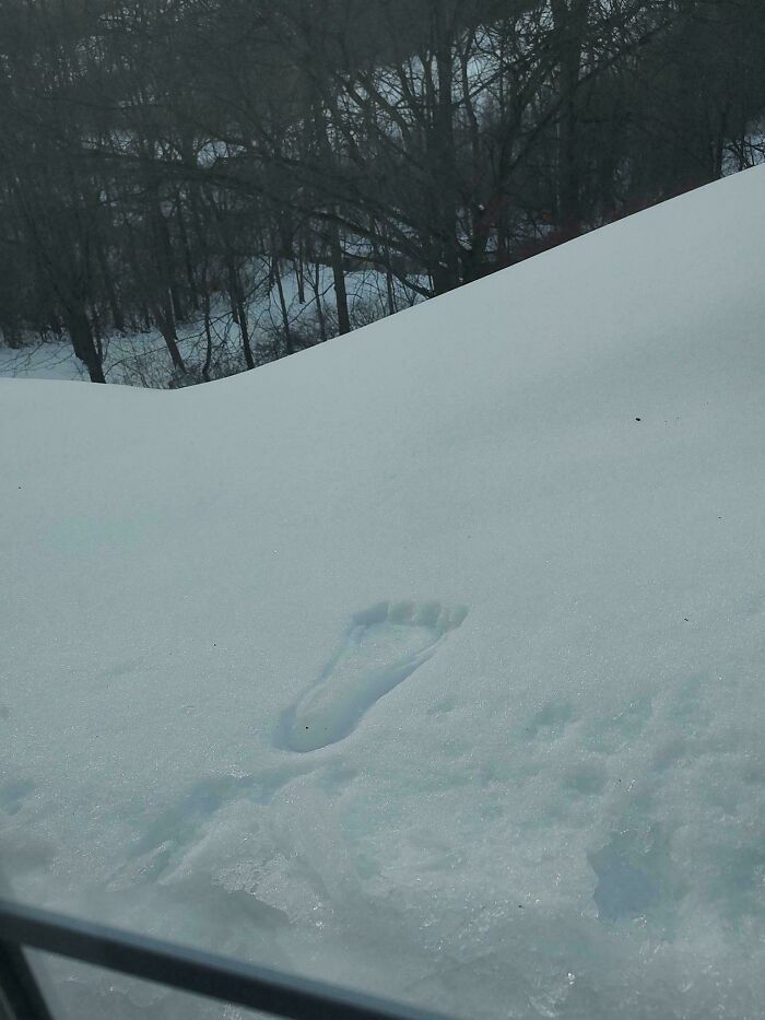 Huella de pie en la nieve que parece imposible, imagen confusa y divertida que necesita contexto para entenderse.