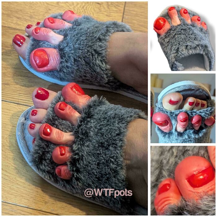Pantuflas con dedos falsos y uñas pintadas de rojo creando una imagen confusa y divertida que necesita contexto.