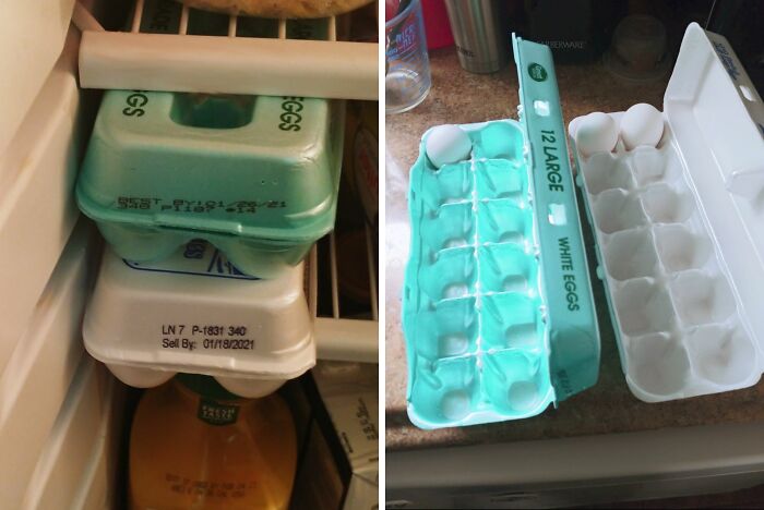 Hueveras vacías y organizadas en refrigerador y encimera, ejemplos de padres teniendo un día peor que el tuyo.