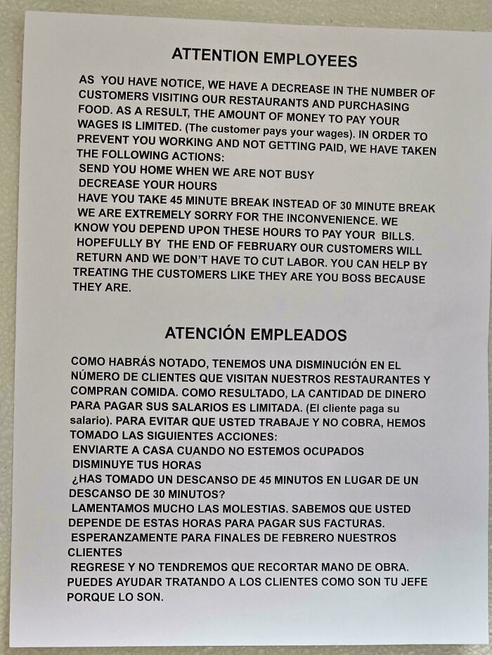 Aviso a empleados sobre reducción de horas y salarios en un lugar de trabajo tóxico con malas condiciones laborales.