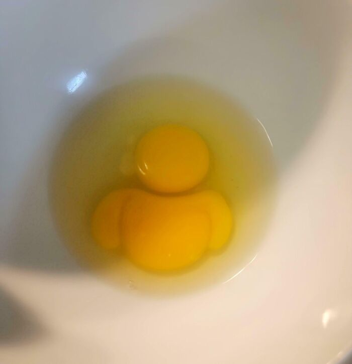 Yema de huevo con forma de muñeco dentro de un recipiente blanco, objeto interesante que parece otra cosa.