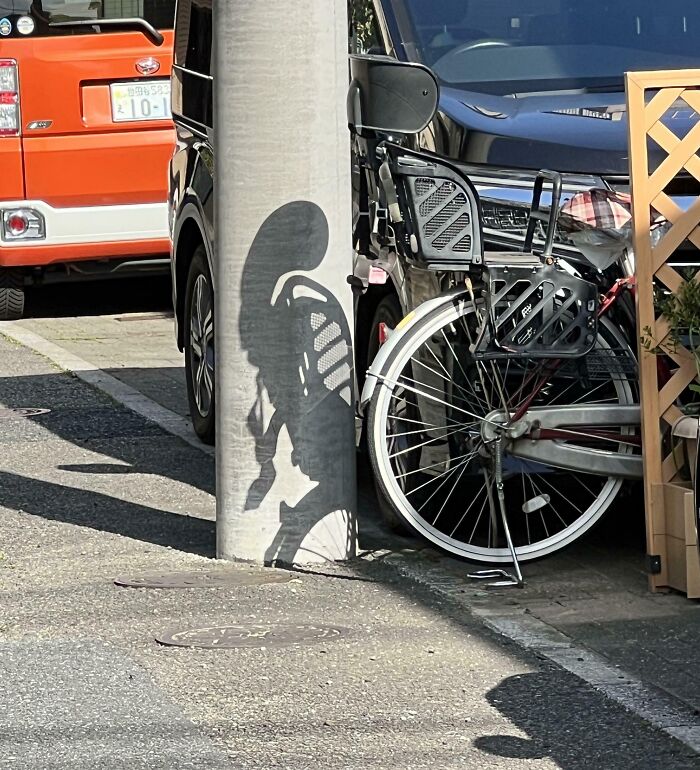 Sombra de bicicleta proyectada en poste creando figura que parece otra cosa en objetos interesantes que parecen otras cosas.