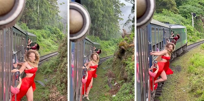 Influencers vergonzosos posando peligrosamente desde un tren en movimiento, ignorando el sentido común y la seguridad.