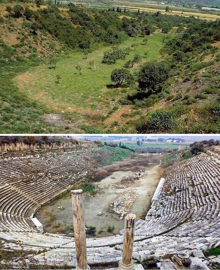 Comparativa de imágenes mostrando la transformación de un terreno natural a un antiguo teatro romano, con nueva perspectiva del mundo.