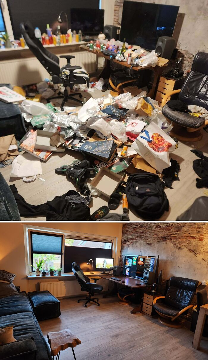 Habitación desordenada y luego limpia mostrando una comparación visual para una nueva perspectiva del mundo.