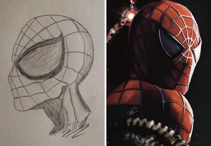 Dibujo a lápiz y render 3D comparativo del personaje Spiderman mostrando perspectiva del mundo en imágenes.