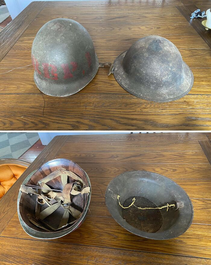 Comparativa de cascos militares antiguos con diferente diseño y estructura sobre mesa de madera.