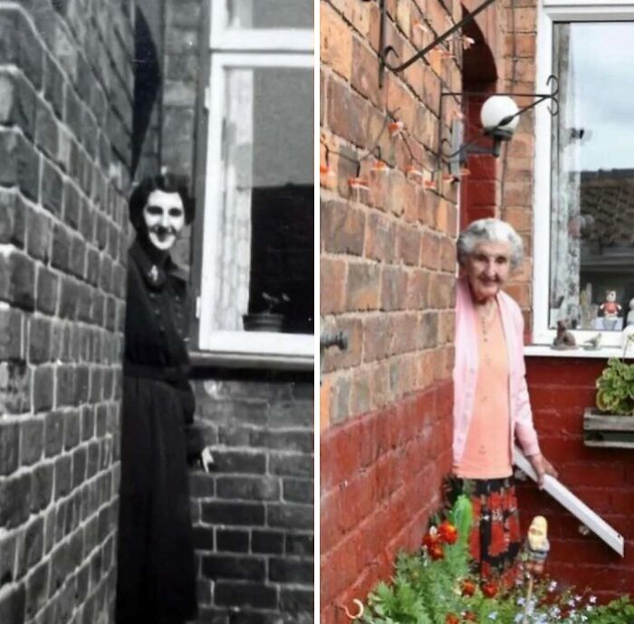 Mujer en fotos históricas mostrando curiosidades con diferencias entre pasado y presente frente a una pared de ladrillos.