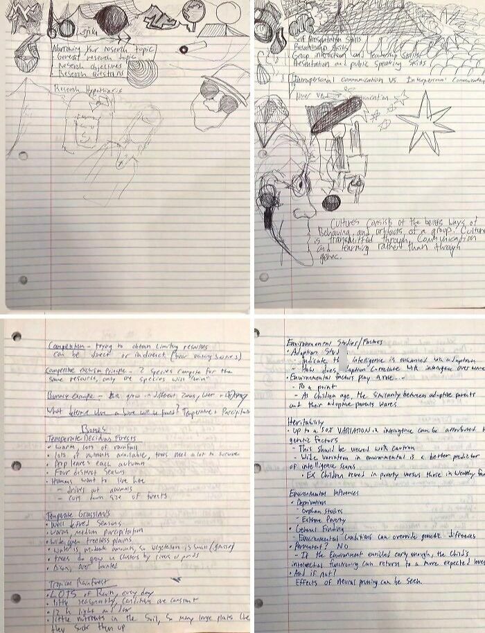 Páginas con apuntes y dibujos hechos a mano, mostrando imágenes comparativas para nueva perspectiva del mundo.