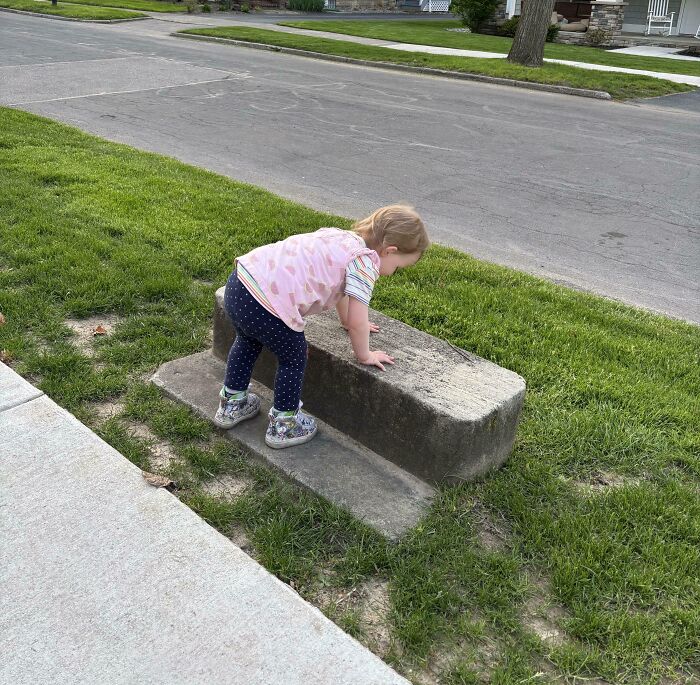 Niña pequeña sin idea examinando un objeto extraño en la calle, pidiendo ayuda a Internet sobre lo que está viendo.