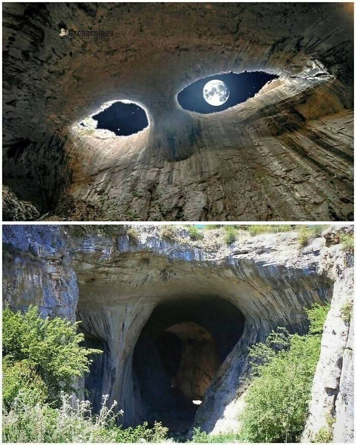 Formaciones rocosas arqueológicas únicas en cuevas con luces naturales que parecen ojos y boca en paisaje natural.