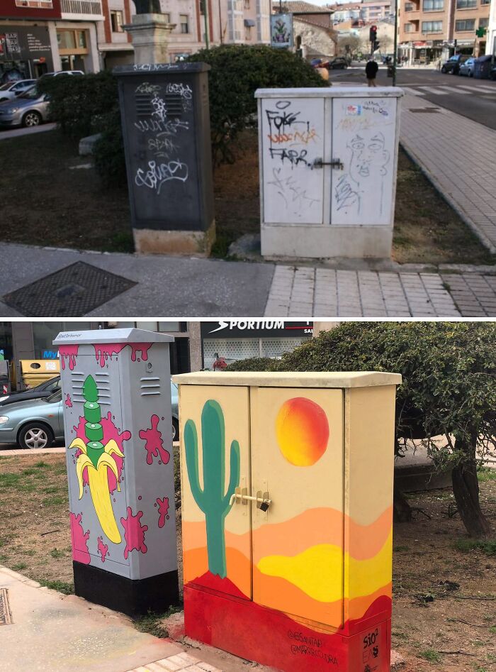 Transformaciones increíbles en cajas eléctricas urbanas, mostrando arte vibrante de cactus y frutas en un entorno de ciudad.