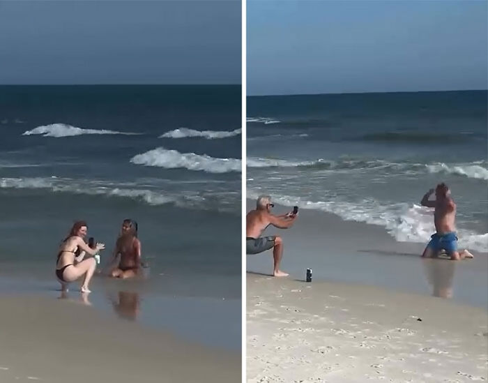 Influencers vergonzosos posando en la playa sin sentido común ni moral, capturando momentos frente al mar.