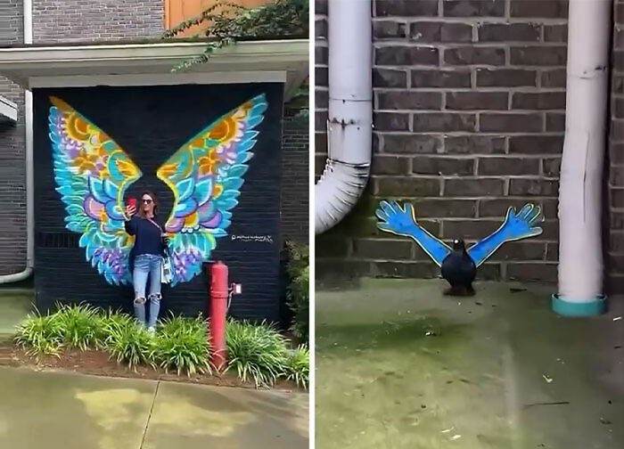 Mujer frente a mural con alas coloridas y pájaro con alas pintadas, ejemplos de influencers vergonzosos sin sentido común.