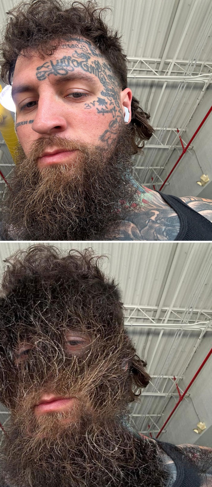 Hombre con tatuajes y barba, antes y después de una edición creativa divertida de fotoshopping.