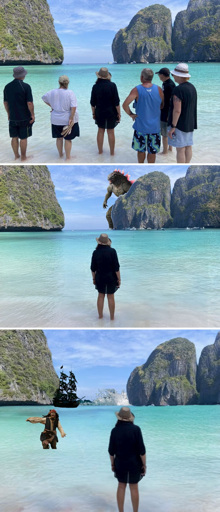 Personas en playa con ediciones divertidas de Photoshop que incluyen monstruos y piratas en paisaje tropical.
