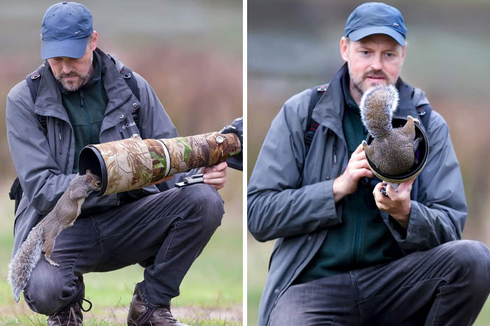 Fotógrafo de la naturaleza sorprendido por una ardilla que se mete en el objetivo de su cámara durante sesión al aire libre.
