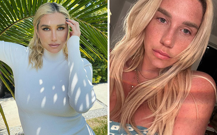 Mujer rubia posando con maquillaje y sin maquillaje mostrando un cambio natural en celebridades sin maquillaje.