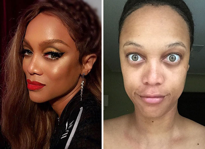 Foto comparativa de celebridad con y sin maquillaje mostrando el cambio en su aspecto natural y sin artificios.