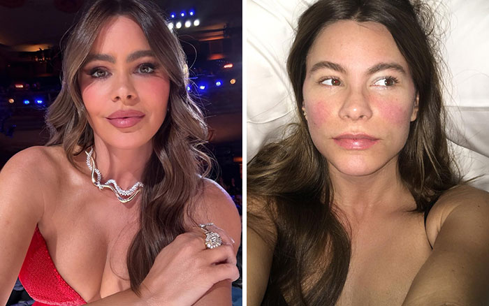Actriz famosa en dos fotos comparativas, una con maquillaje y otra sin maquillaje mostrando su aspecto natural y real.