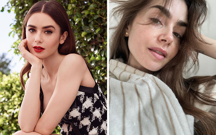 Actriz en dos fotos lado a lado, una maquillada y otra sin maquillaje, mostrando el cambio de celebridades sin maquillaje.