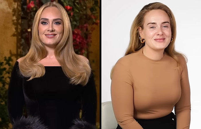 Imagen dividida de celebridad con maquillaje luciendo elegante y sin maquillaje mostrando su aspecto natural sorprendiendo a fans.