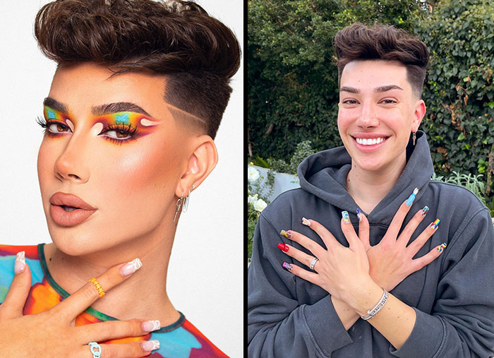 Imagen dividida mostrando a una celebridad con maquillaje colorido y sin maquillaje sonriendo al aire libre.