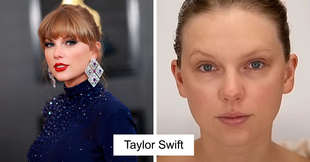 Taylor Swift con maquillaje brillante y sin maquillaje en comparaciu00f3n, mostrando cambio en celebridades.