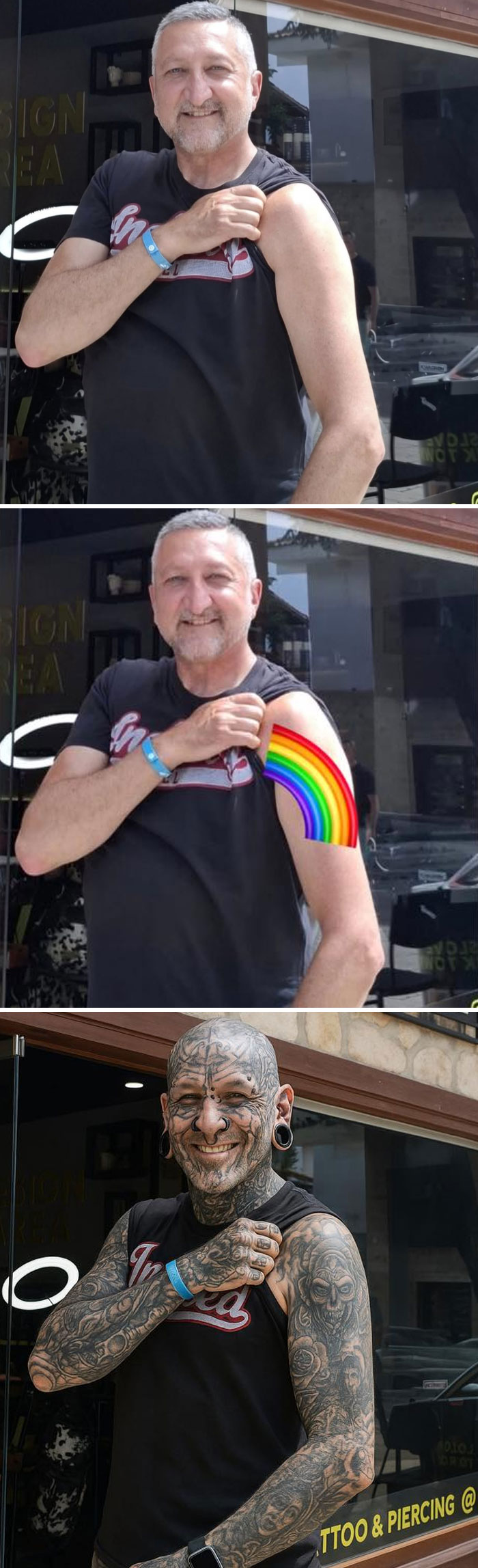 Hombre mostrando su brazo antes y después de ediciones de photoshopeo divertidísimo con tatuajes y arcoíris.