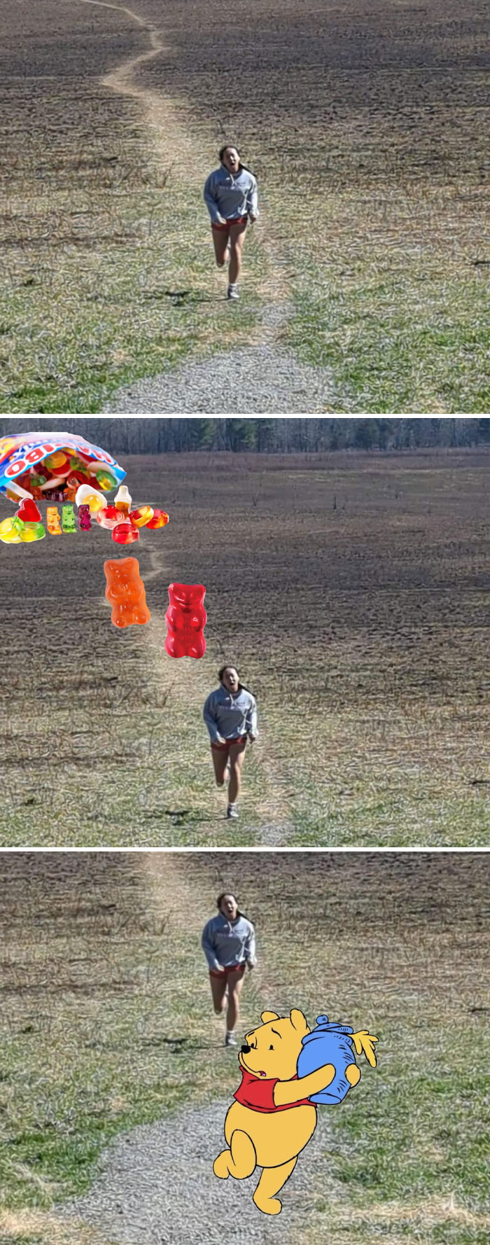 Persona corriendo en un campo con edición divertida de ositos de goma y Winnie the Pooh en photoshop humorístico