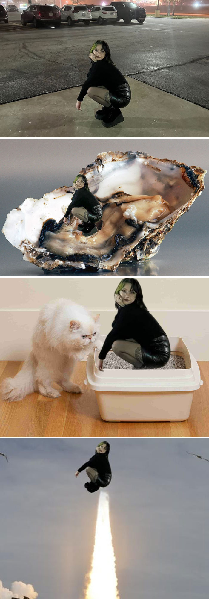 Mujer en fotos editadas con Photoshop en situaciones divertidas y creativas como con ostras, gatos y cohetes.