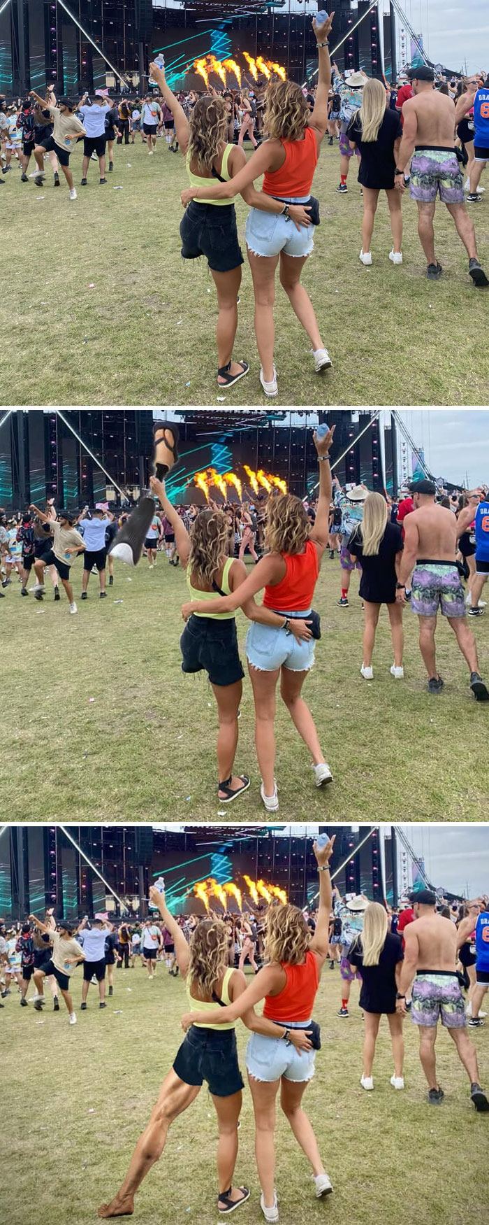 Dos amigas en concierto con fotos editadas con humor, mostrando resultados divertidísimos de Photoshop en personas.