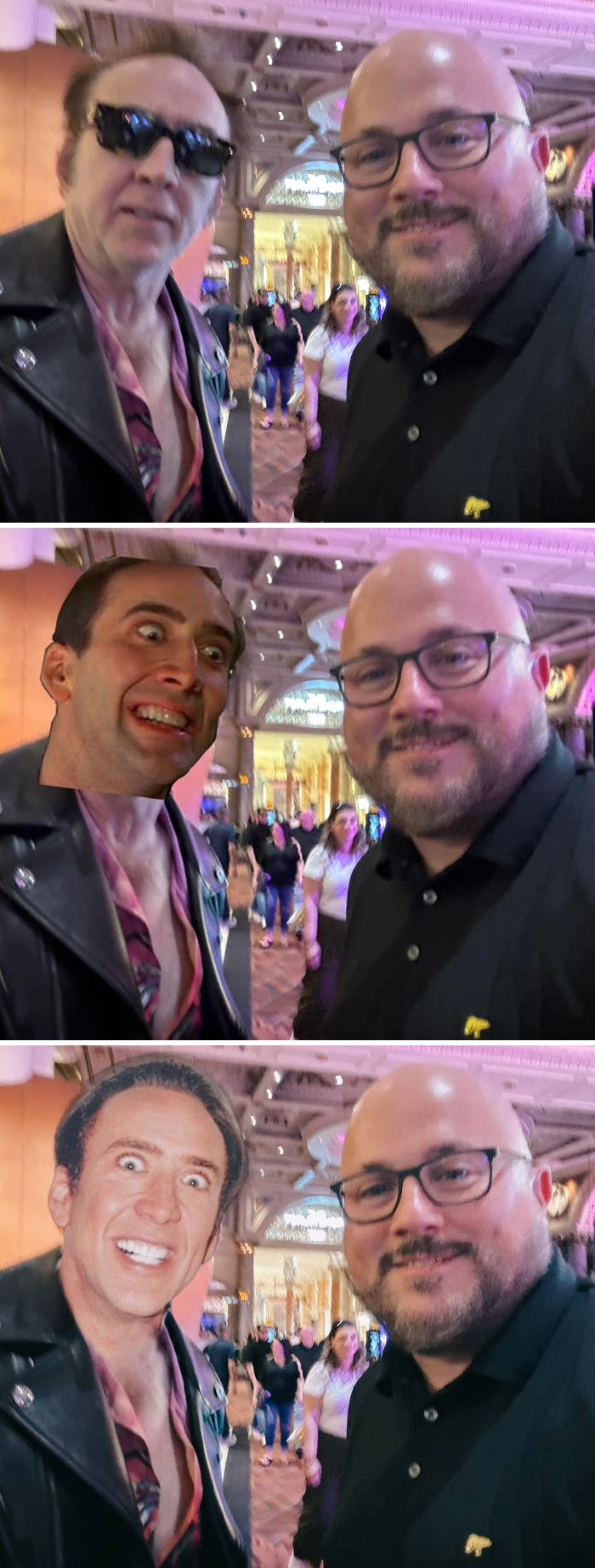 Hombre con gafas y camisa negra junto a tres versiones editadas con photoshop humorístico de otra persona en chaqueta negra.