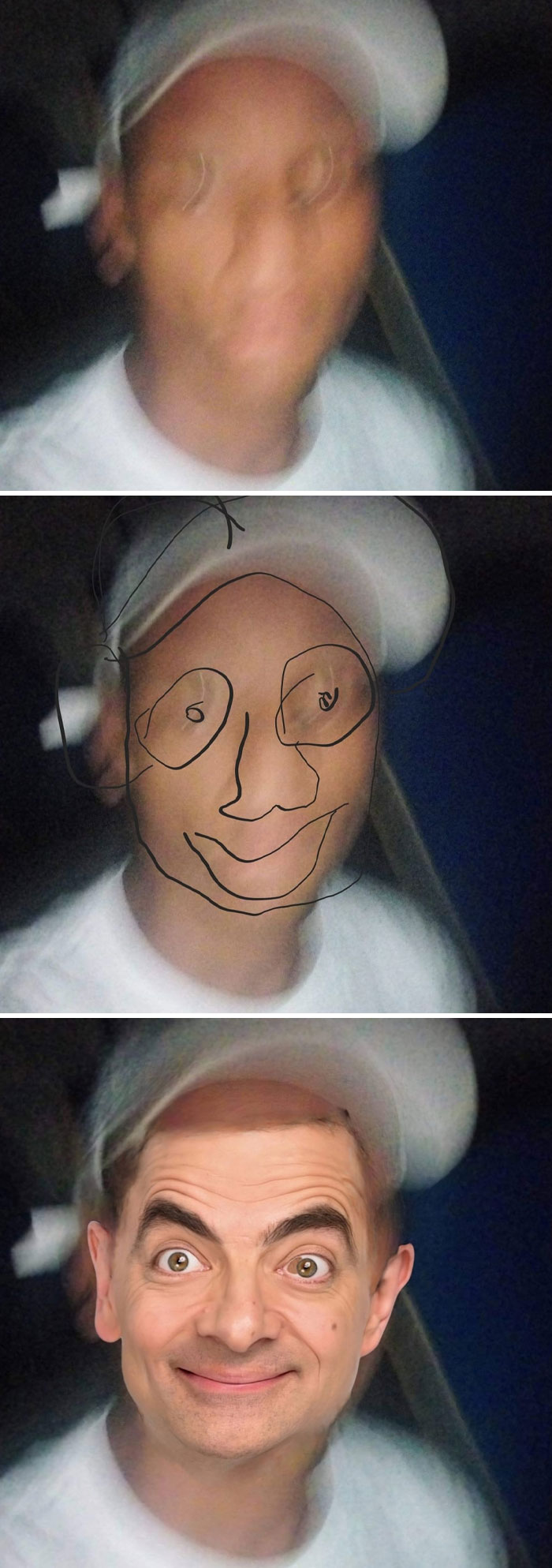 Imagen de tres etapas de edición en Photoshop con resultados divertidísimos y photoshopeo creativo en fotos de personas.