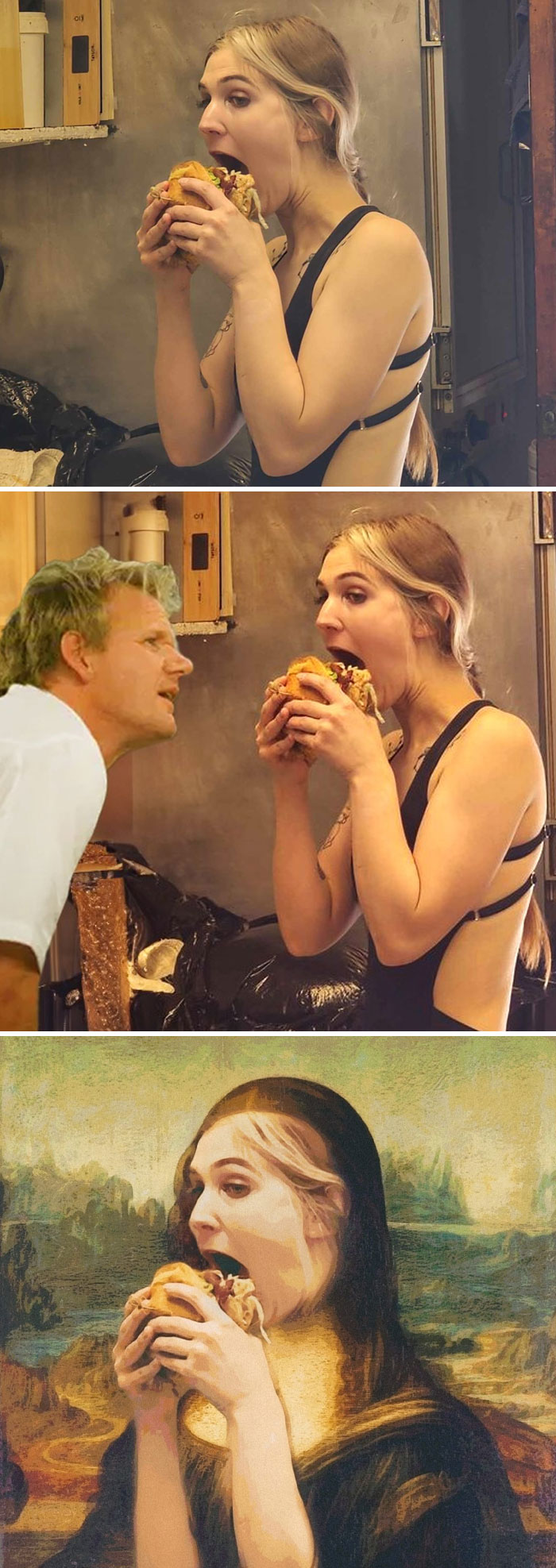 Mujer comiendo hamburguesa con Photoshop divertido con Gordon Ramsay y estilo pintura Mona Lisa humorístico.