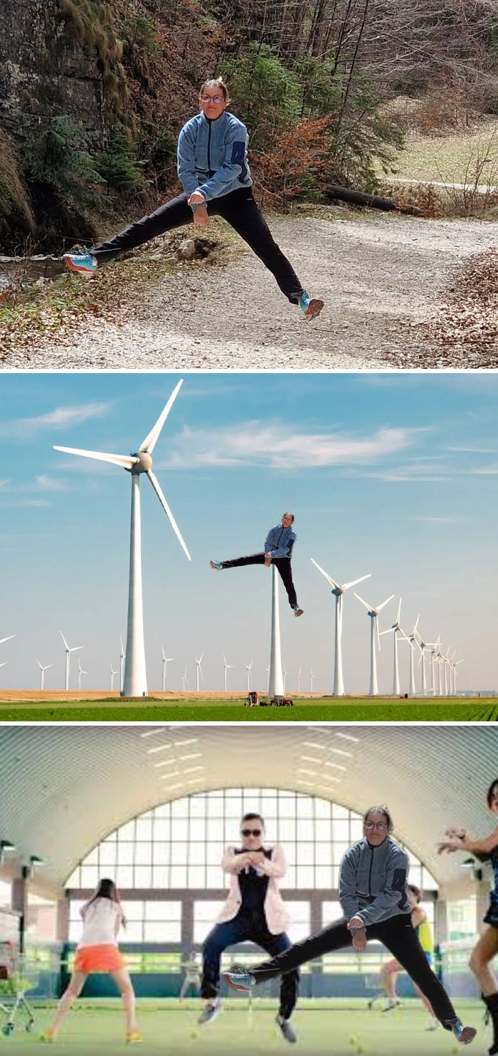 Mujer con edición divertida de Photoshop saltando en parques eólicos y en escena de baile, fotos con resultados divertidísimos.
