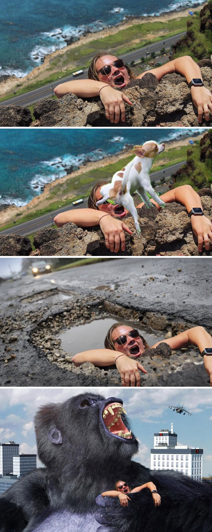 Mujer editada con Photoshop en paisajes divertidos, desde acantilados hasta calles y escenas de película con gorila gigante.