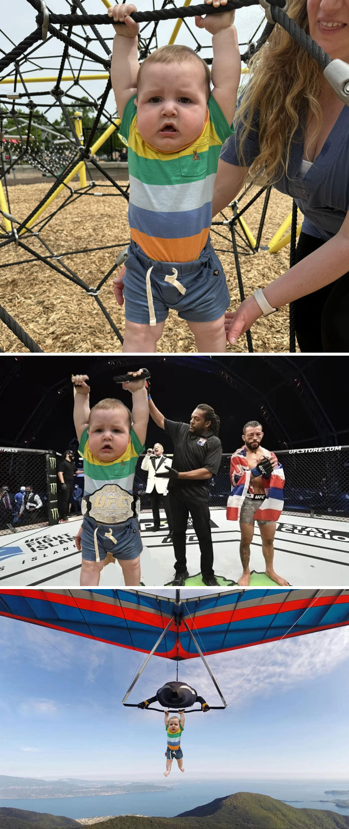 Bebé colgado en parque, en un ring de UFC con cinturón y volando en ala delta, ejemplos de photoshops divertidos.