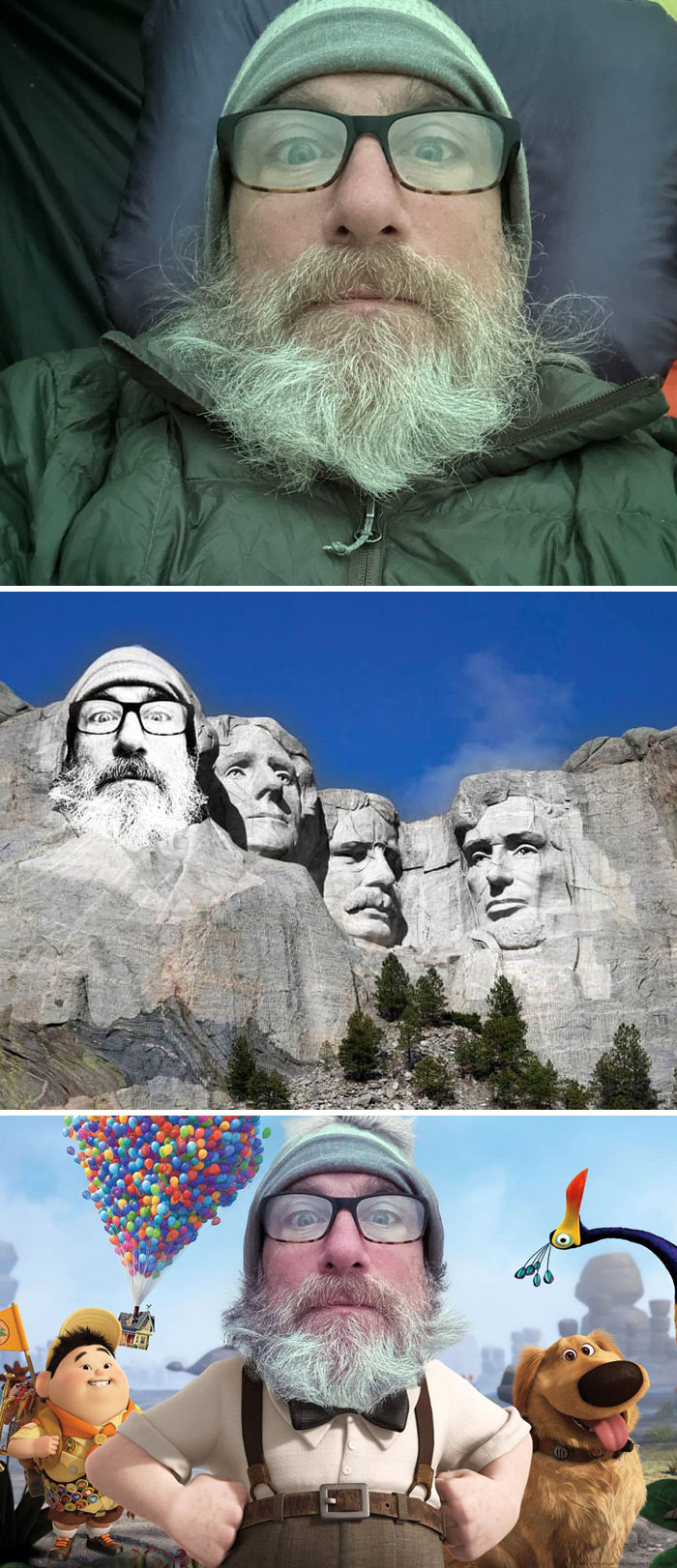 Hombre con gorro y gafas en fotos con resultados divertidísimos de Photoshop en montañas y caricaturas animadas.