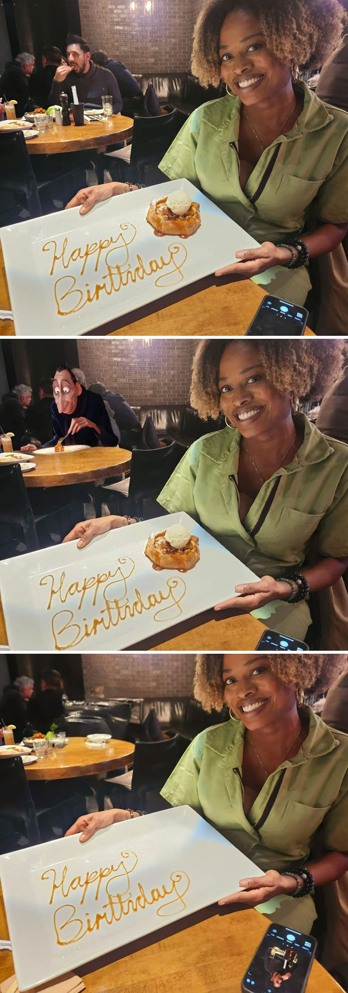 Mujer sonriente con plato de postre en restaurante, ejemplo de personas que pidieron photoshopear fotos divertido