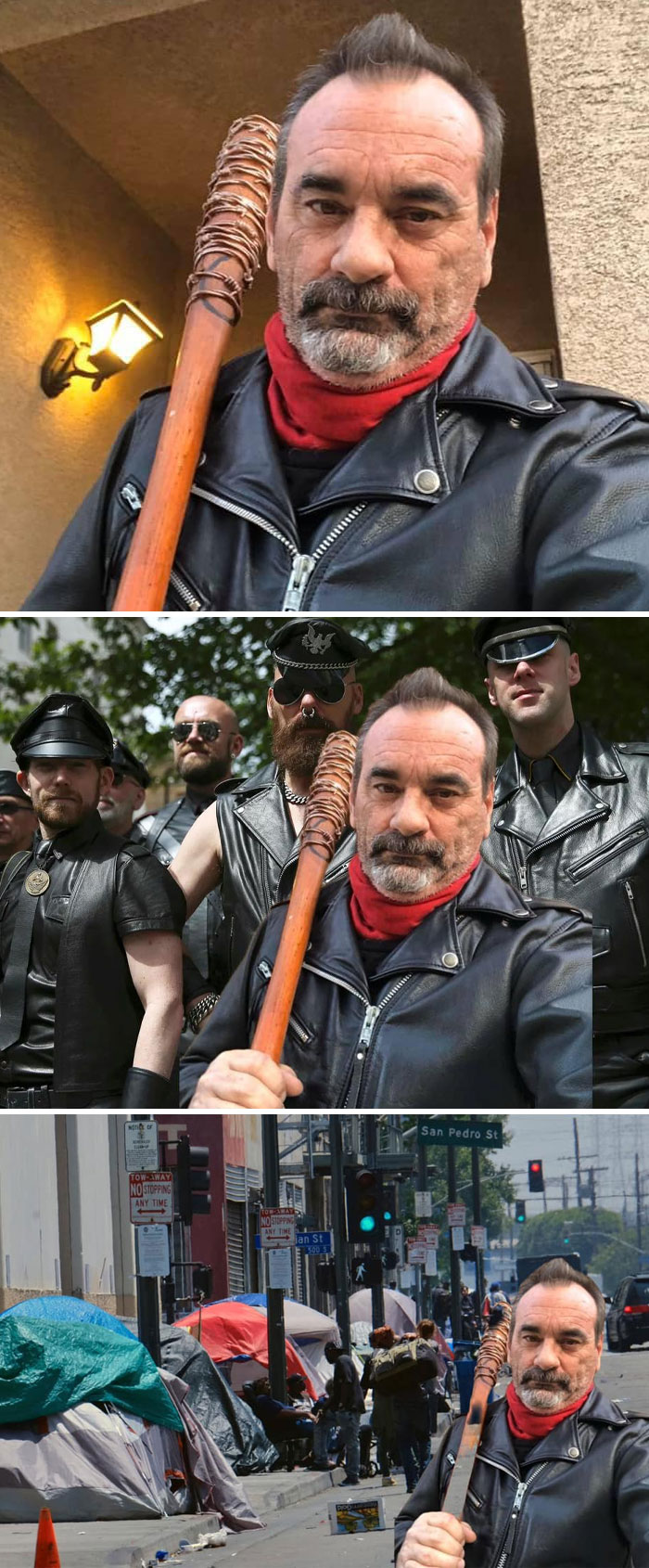 Hombre con chaqueta de cuero y bate fotoshopeado en grupo y en calle con carpas en resultados divertidísimos.