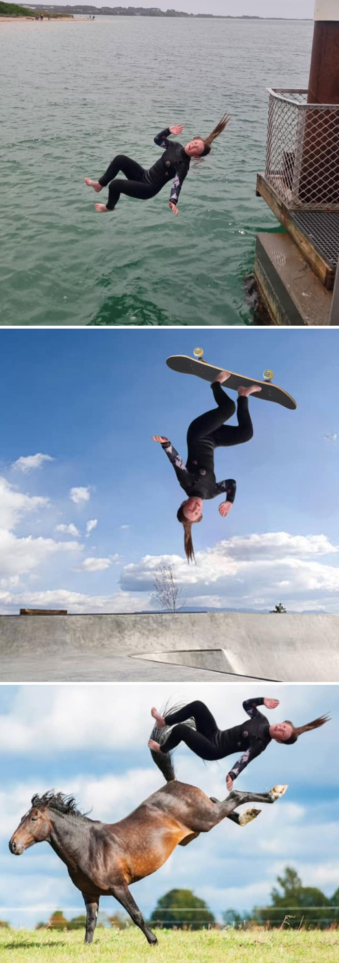 Persona editada con Photoshop en tres situaciones: cayendo al agua, haciendo trucos en skate y montando un caballo divertido.