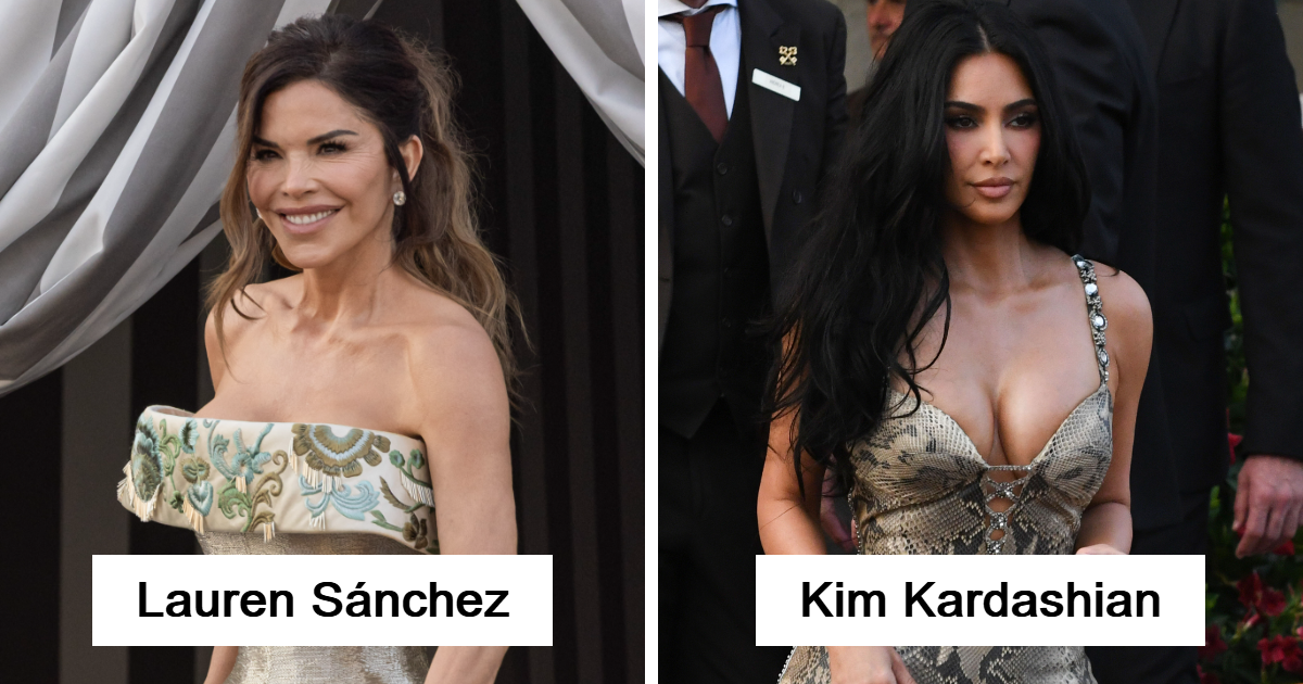 Lauren Su00e1nchez y Kim Kardashian en la recepciu00f3n de la boda con atuendos destacados entre las celebridades peor vestidas.